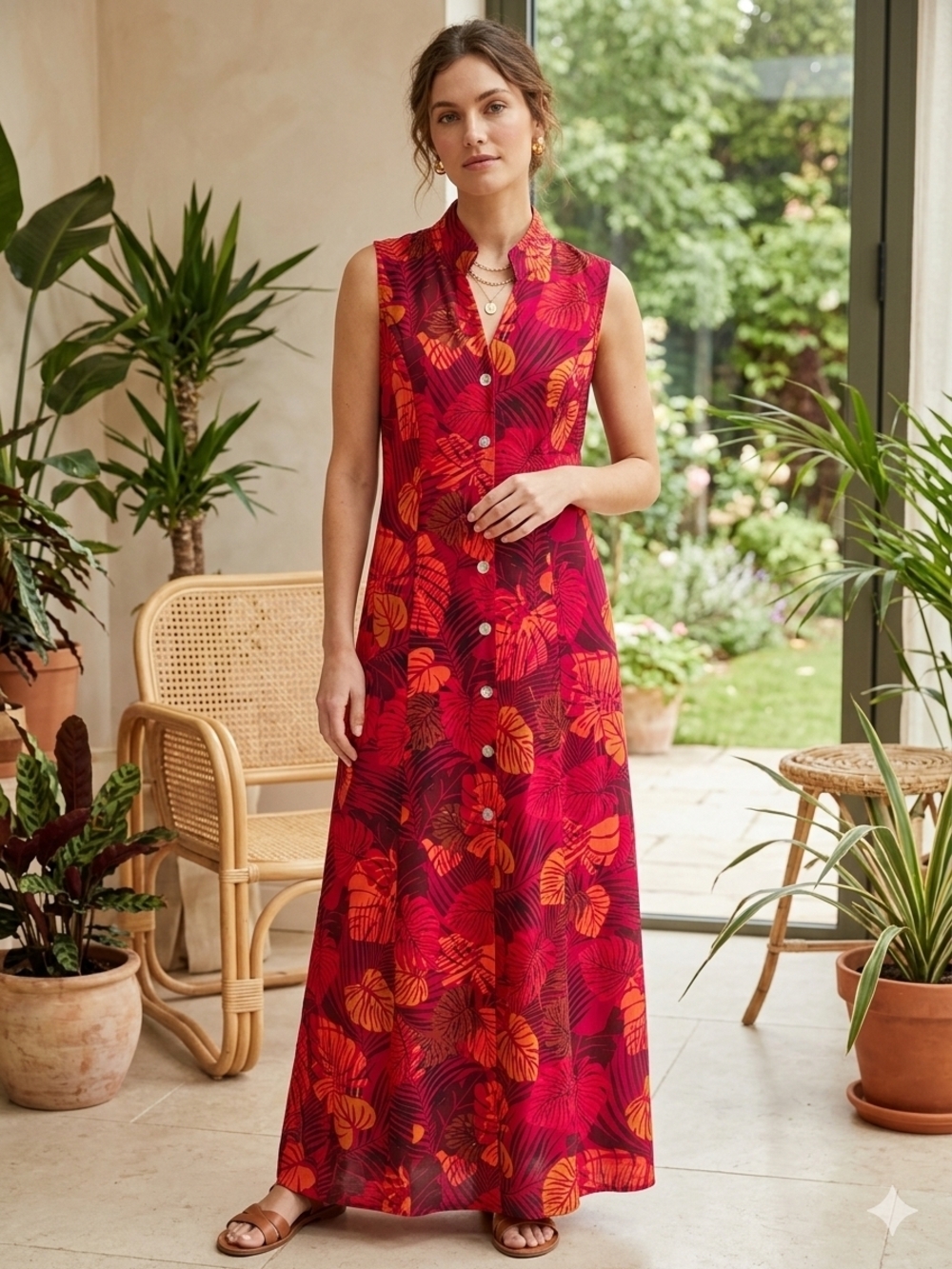 Sleeveless Red Floral Button-Front Maxi Dress by